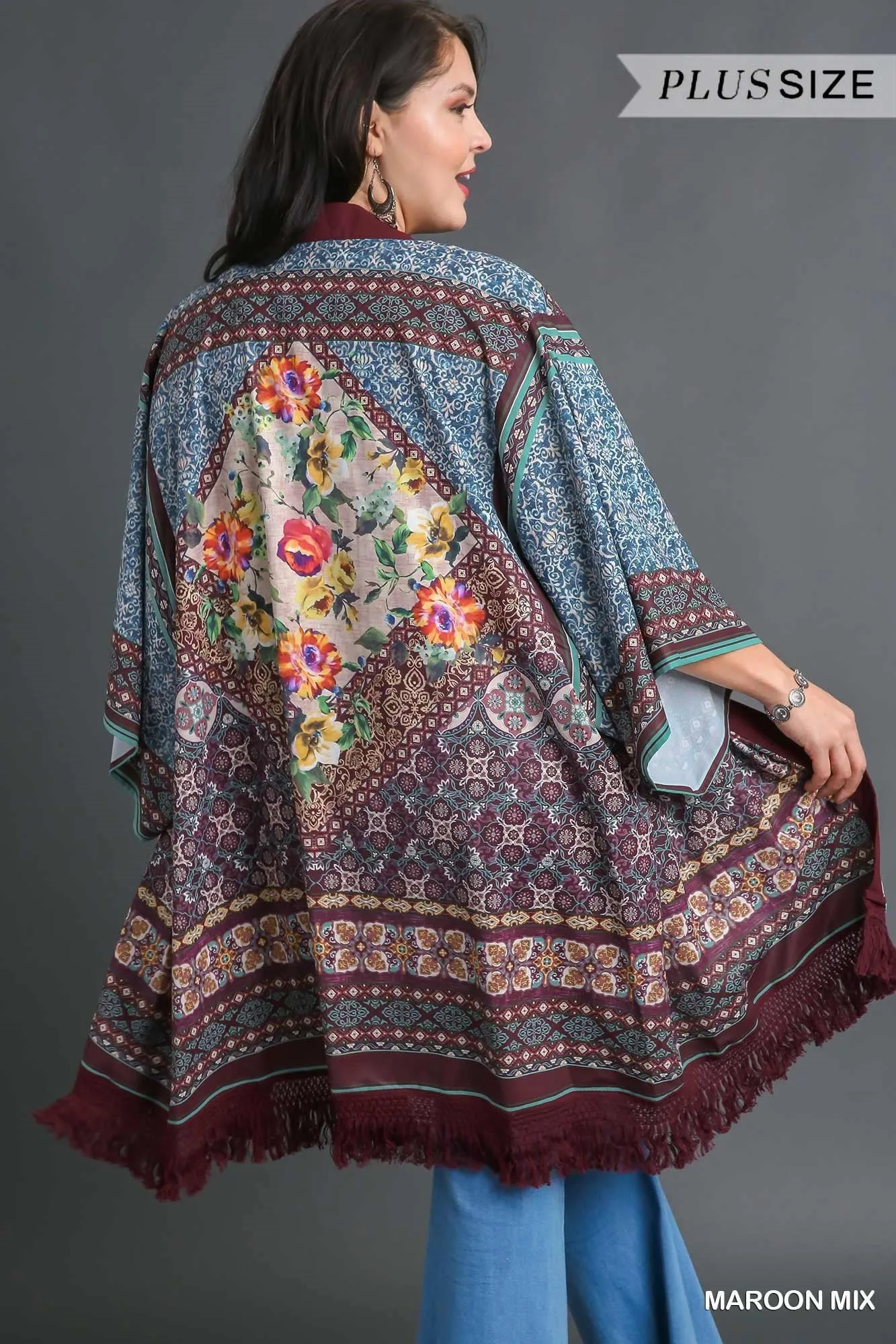 Umgee Open Front Print Kimono With Fringe Details In Maroon Mix Plus