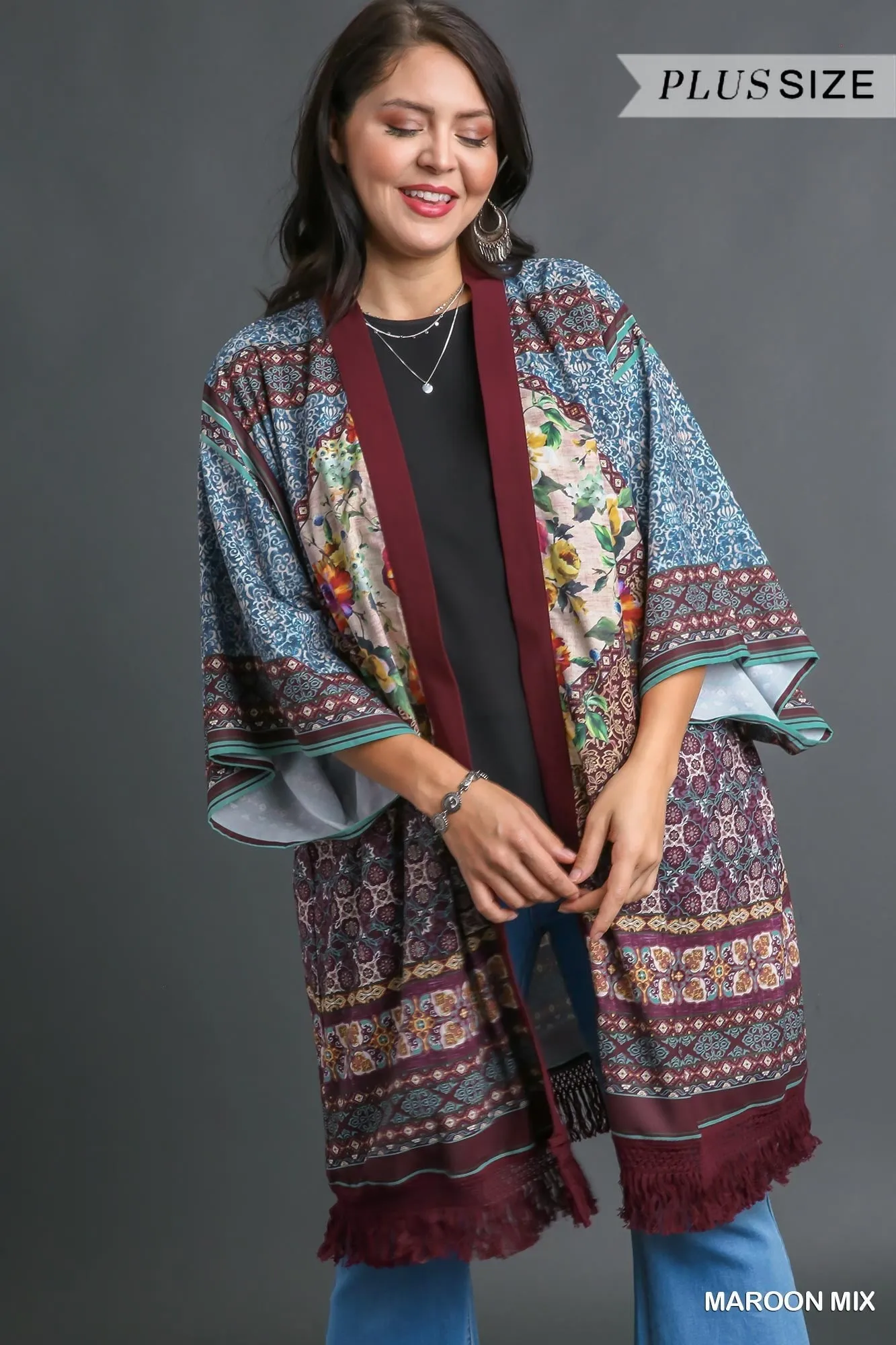 Umgee Open Front Print Kimono With Fringe Details In Maroon Mix Plus