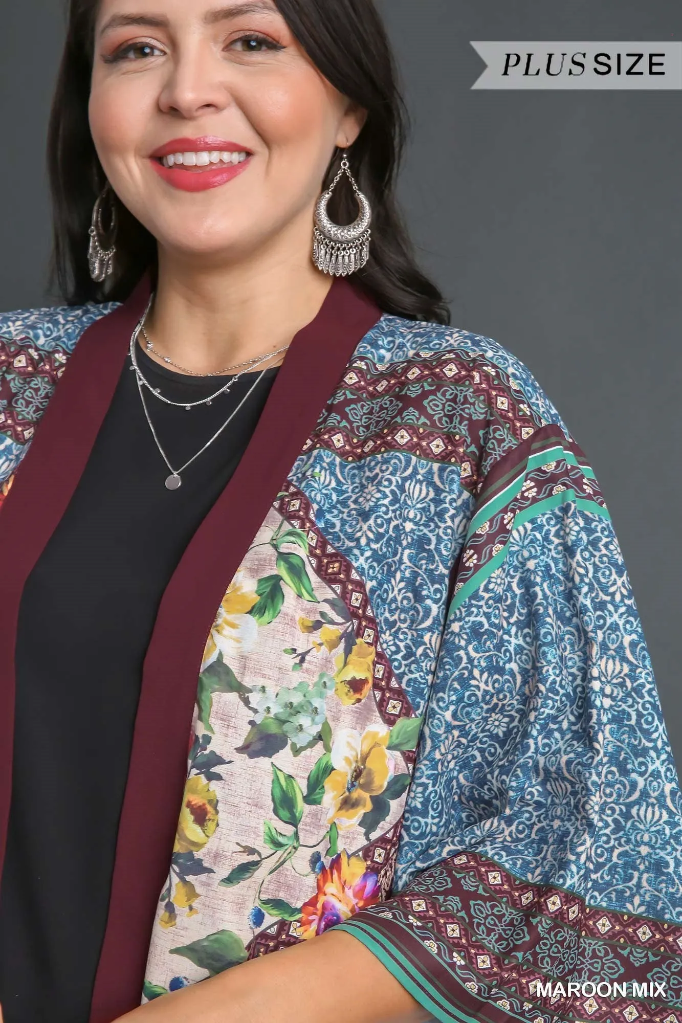Umgee Open Front Print Kimono With Fringe Details In Maroon Mix Plus