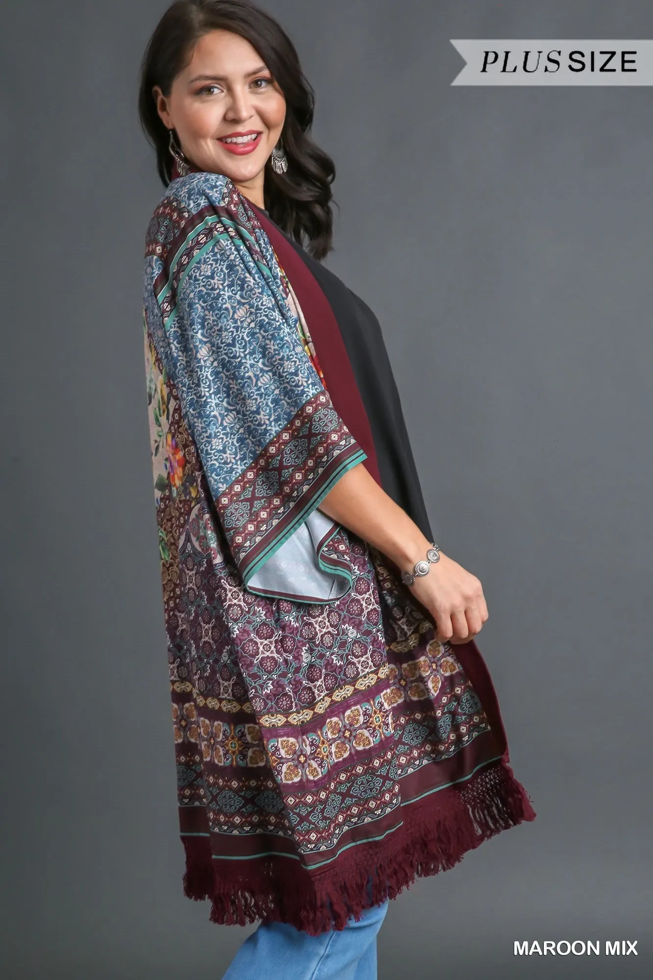 Umgee Open Front Print Kimono With Fringe Details In Maroon Mix Plus
