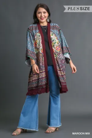 Umgee Open Front Print Kimono With Fringe Details In Maroon Mix Plus