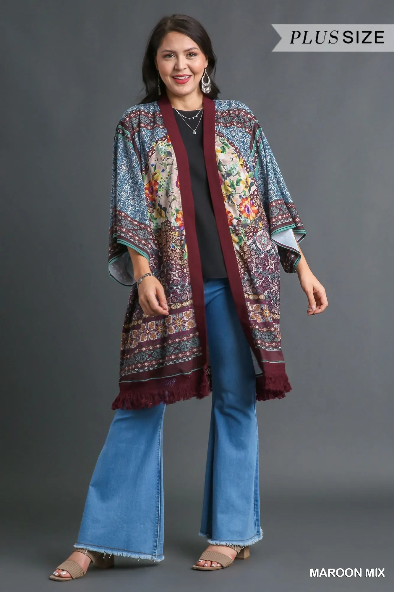 Umgee Open Front Print Kimono With Fringe Details In Maroon Mix Plus