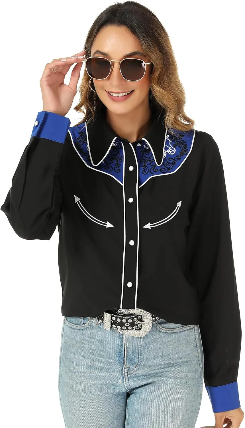 Western Shirts for Women Cowgirl Sexy Dressy Long Sleeve Black Embroidered Button Up Ladies Blusas Vaqueras para Mujer