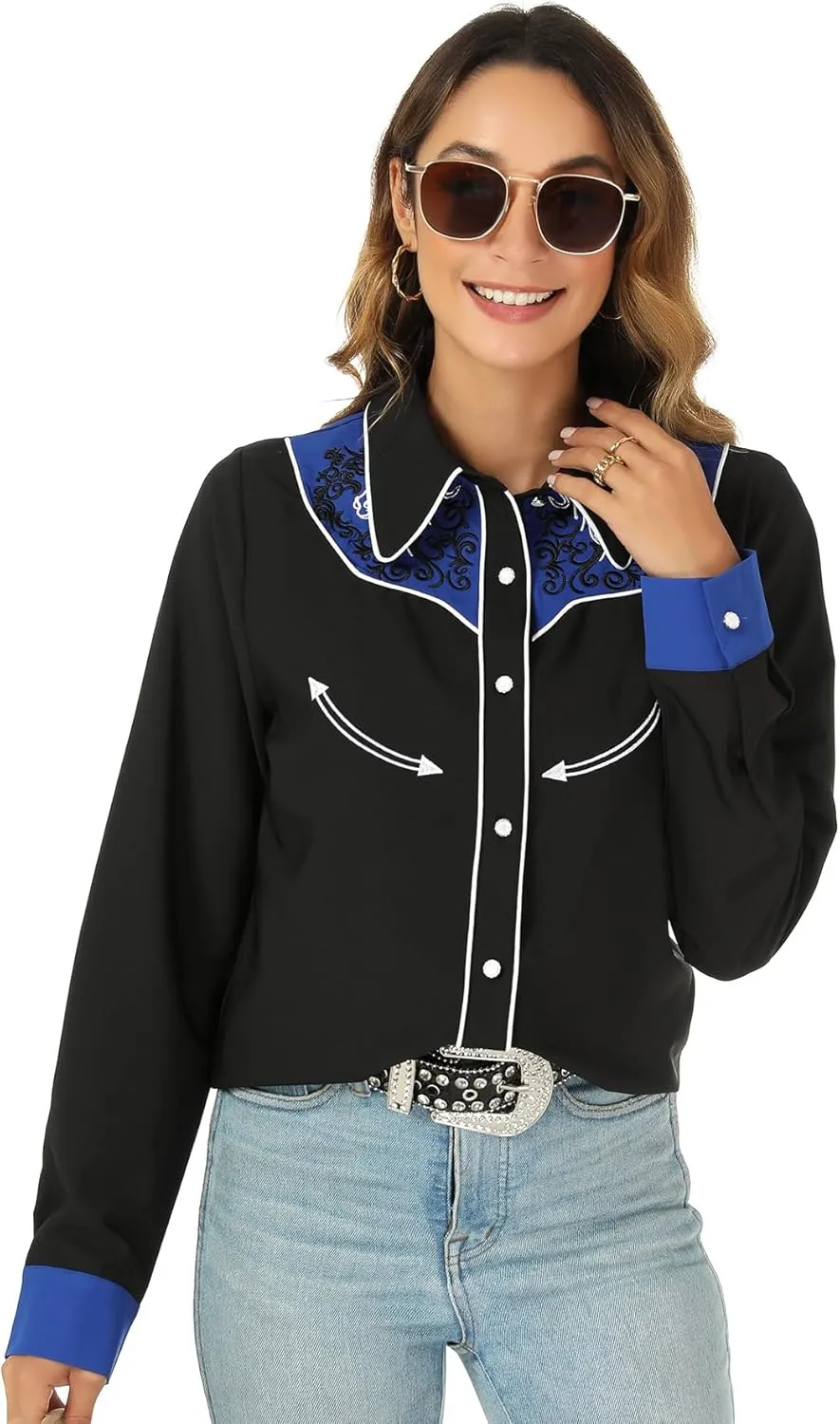 Western Shirts for Women Cowgirl Sexy Dressy Long Sleeve Black Embroidered Button Up Ladies Blusas Vaqueras para Mujer
