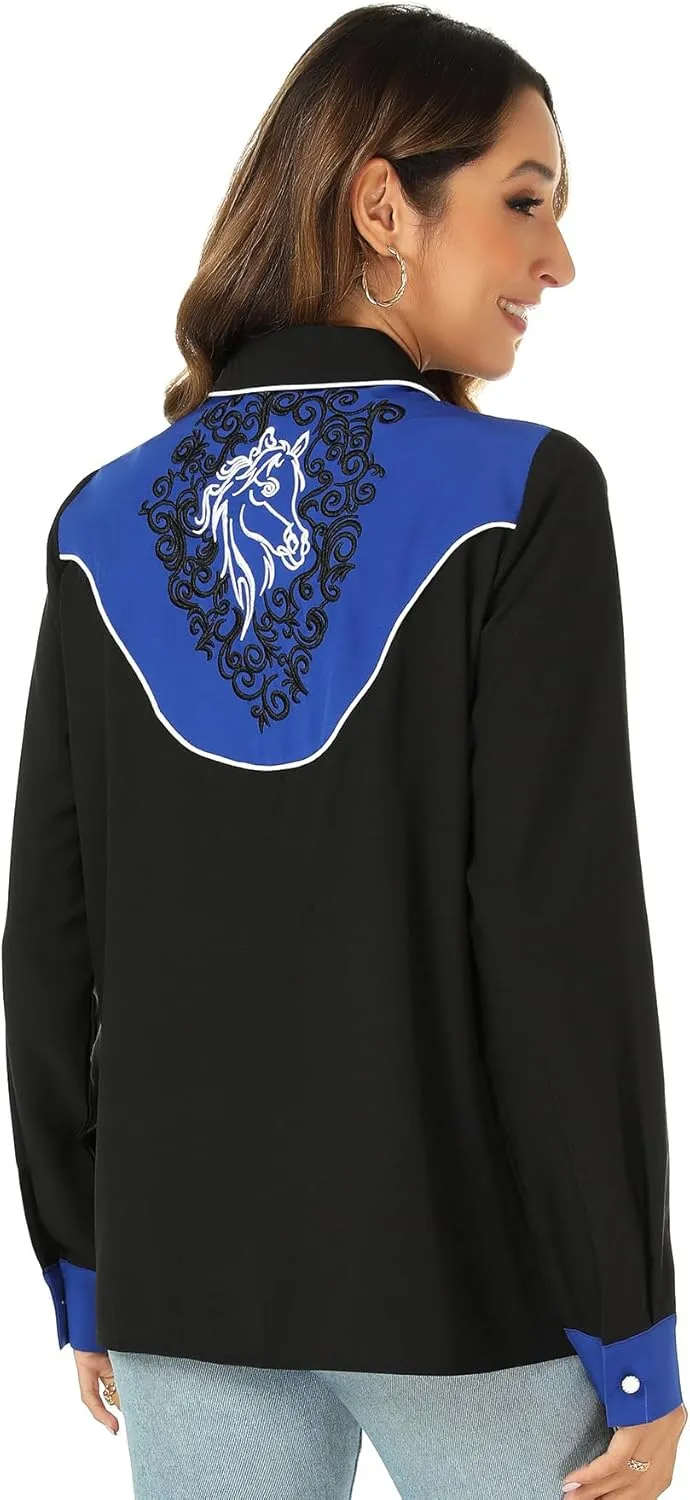 Western Shirts for Women Cowgirl Sexy Dressy Long Sleeve Black Embroidered Button Up Ladies Blusas Vaqueras para Mujer