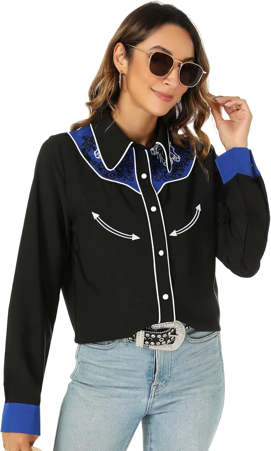 Western Shirts for Women Cowgirl Sexy Dressy Long Sleeve Black Embroidered Button Up Ladies Blusas Vaqueras para Mujer