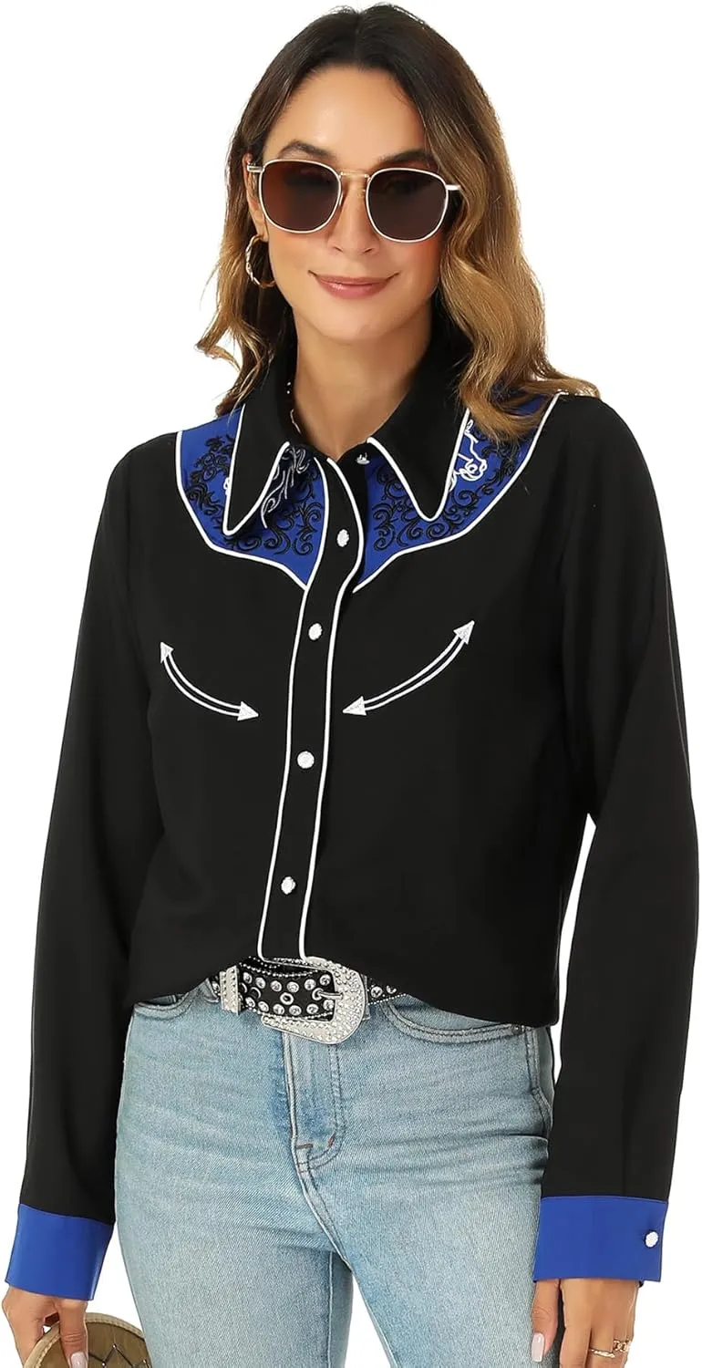 Western Shirts for Women Cowgirl Sexy Dressy Long Sleeve Black Embroidered Button Up Ladies Blusas Vaqueras para Mujer