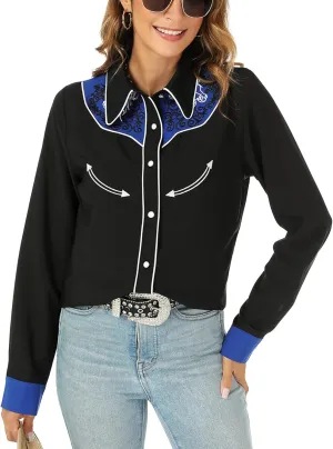 Western Shirts for Women Cowgirl Sexy Dressy Long Sleeve Black Embroidered Button Up Ladies Blusas Vaqueras para Mujer