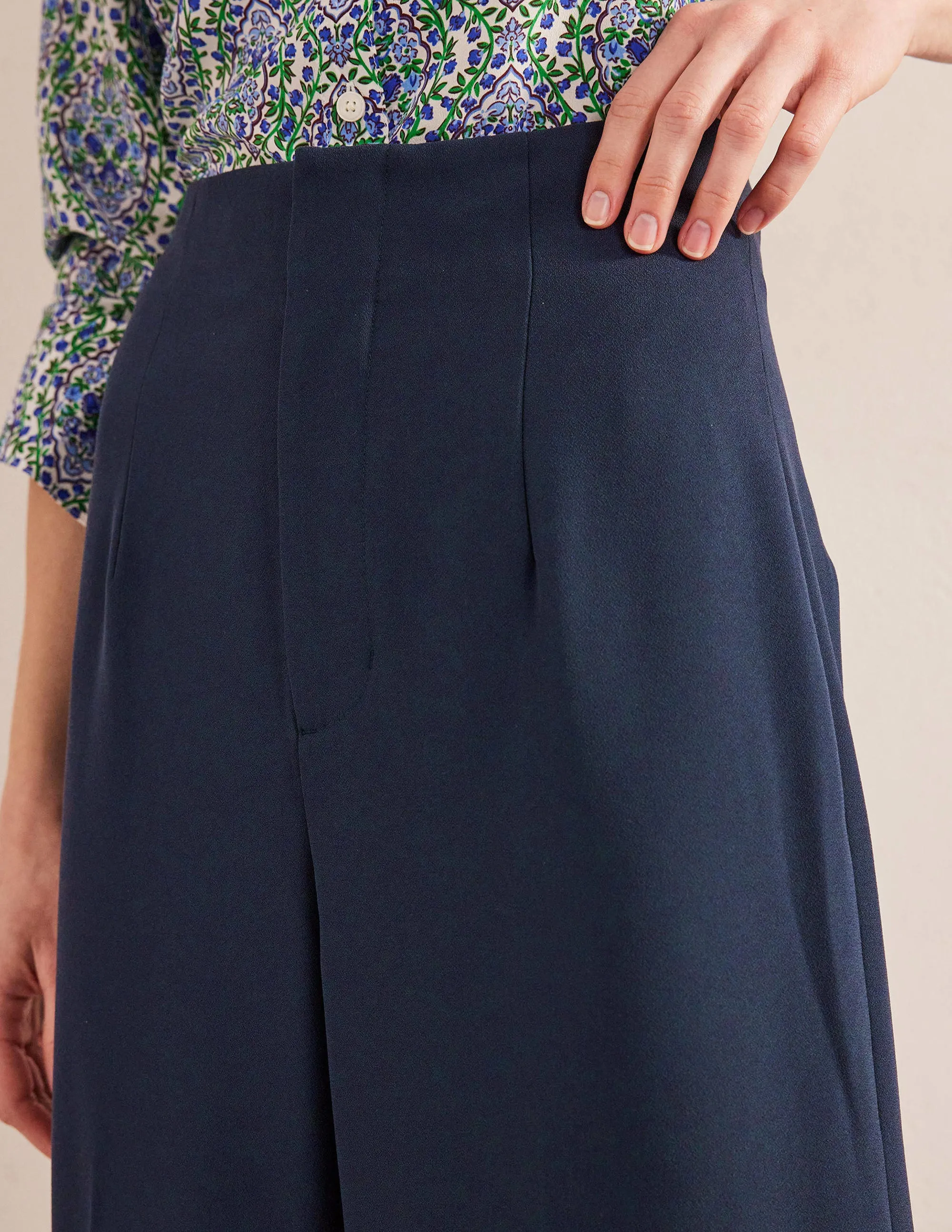 Wide Leg Crepe Trousers-Navy