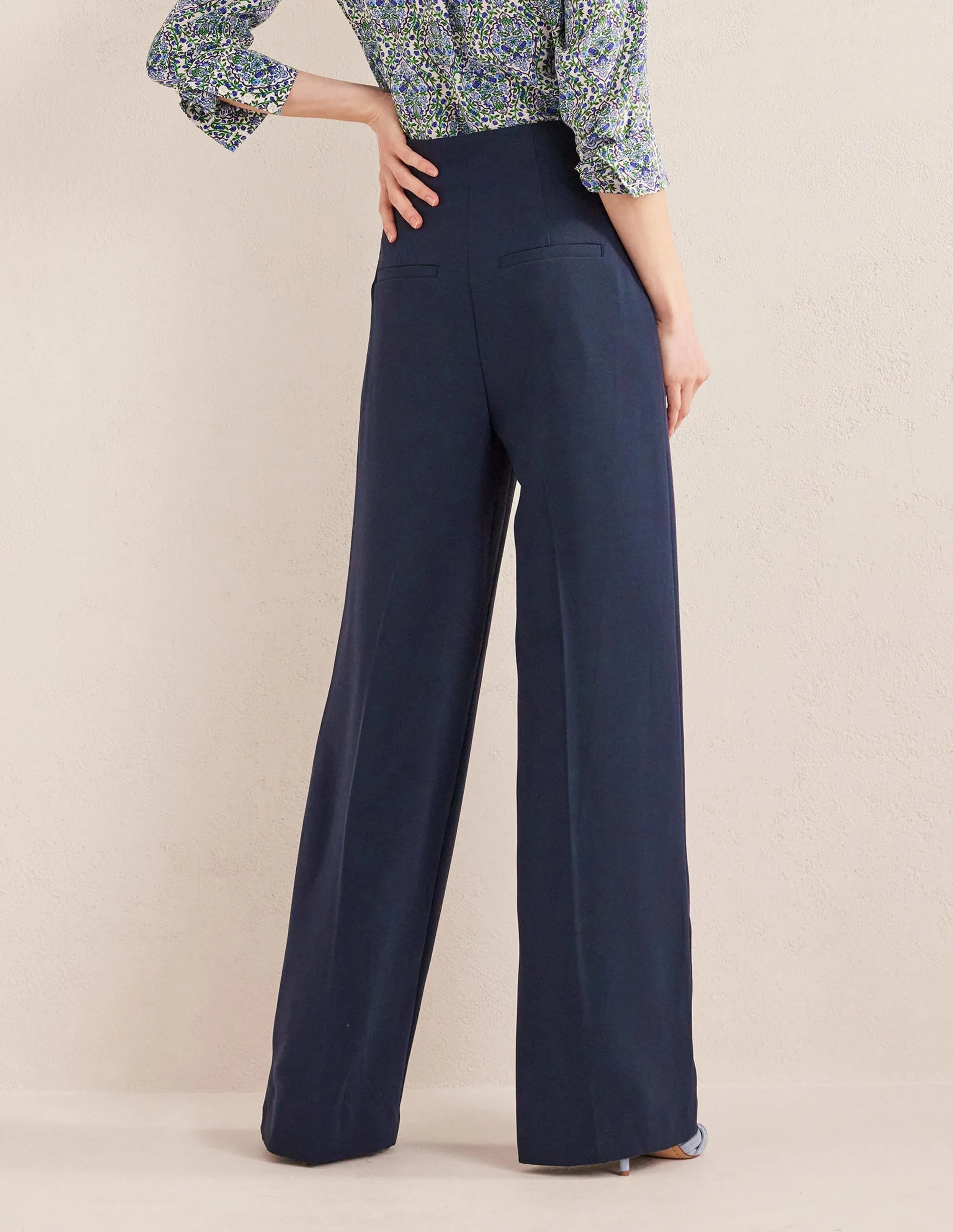 Wide Leg Crepe Trousers-Navy