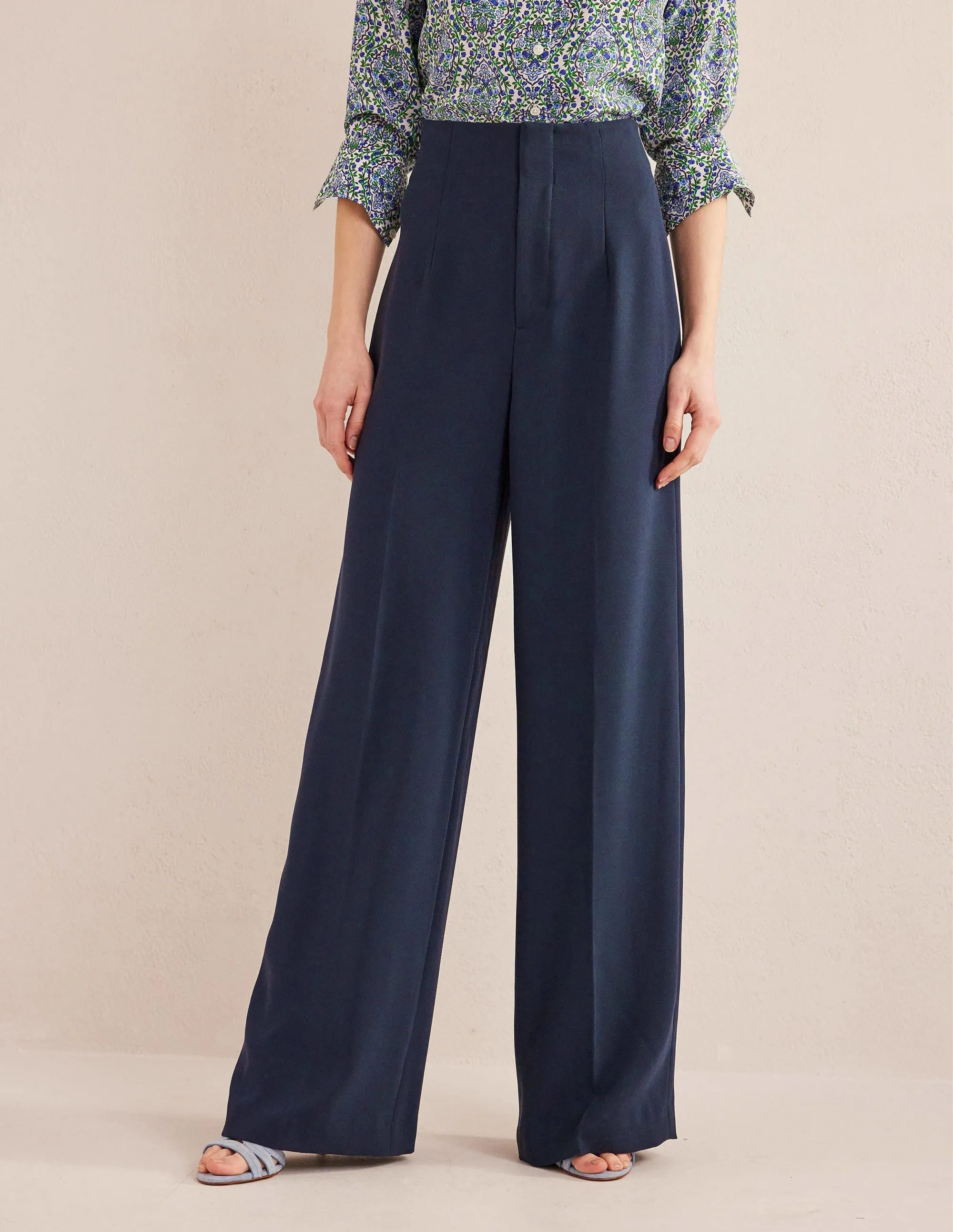 Wide Leg Crepe Trousers-Navy