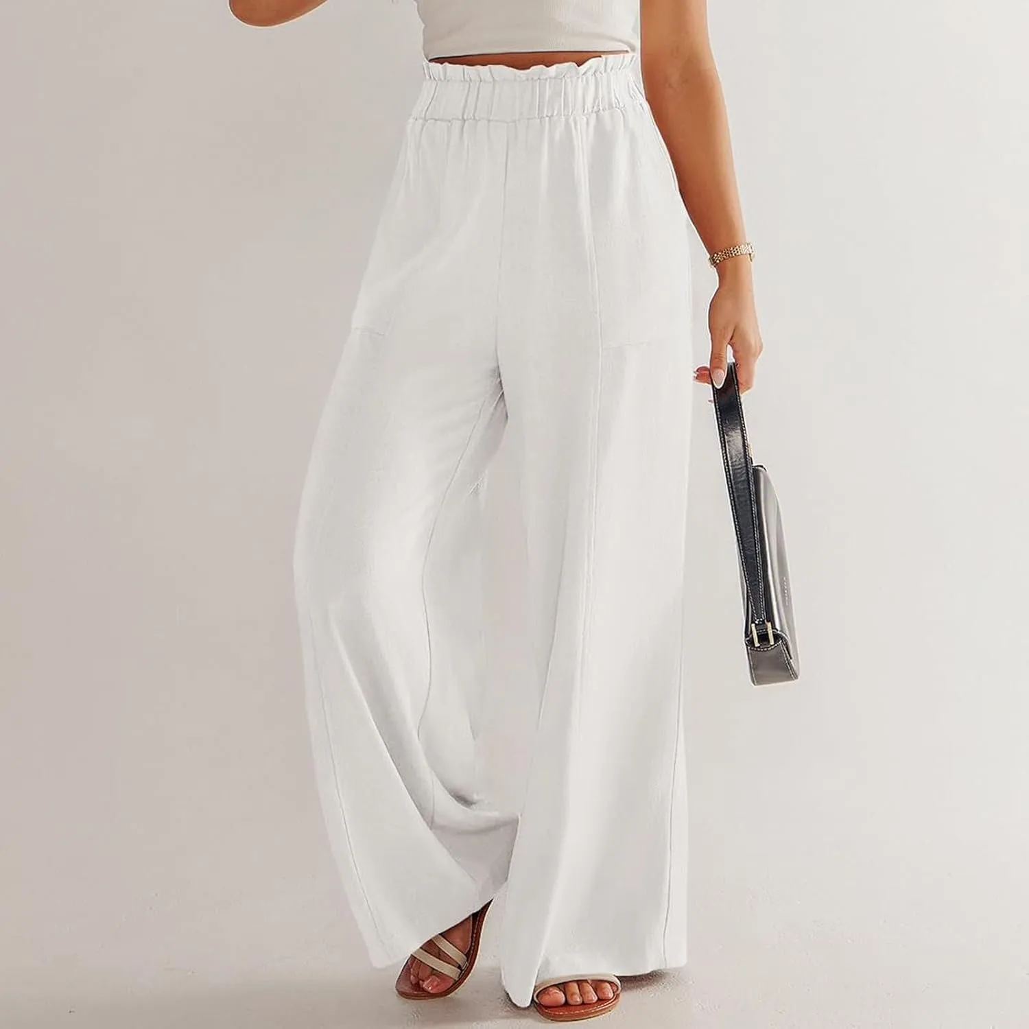 Wide Leg Linen Pants for Women Elastic High Waist Palazzo Pants Summer Casual Flowy Boho Beach Trousers with Pockets