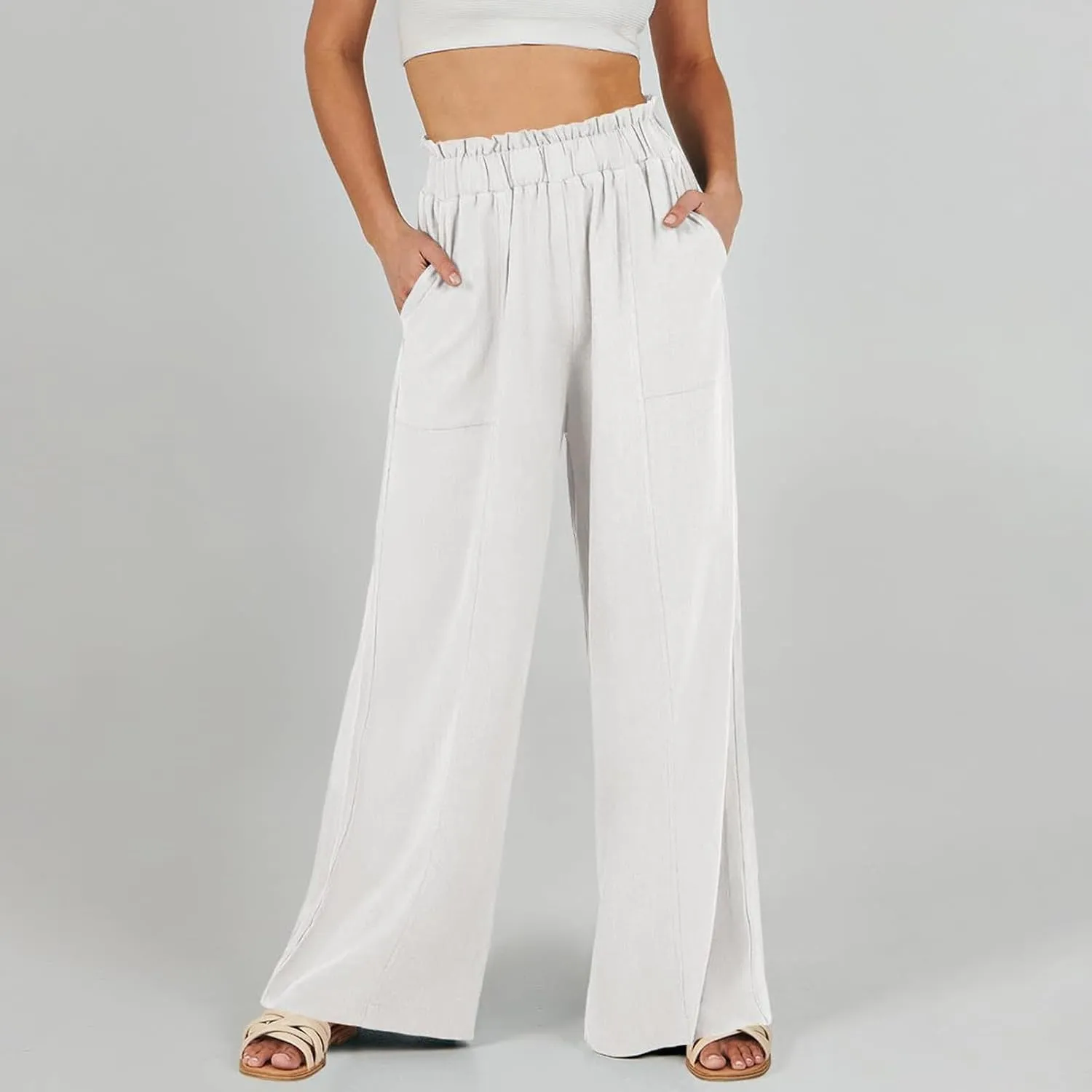 Wide Leg Linen Pants for Women Elastic High Waist Palazzo Pants Summer Casual Flowy Boho Beach Trousers with Pockets