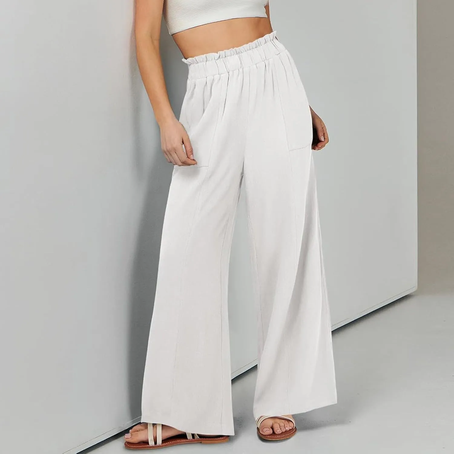 Wide Leg Linen Pants for Women Elastic High Waist Palazzo Pants Summer Casual Flowy Boho Beach Trousers with Pockets