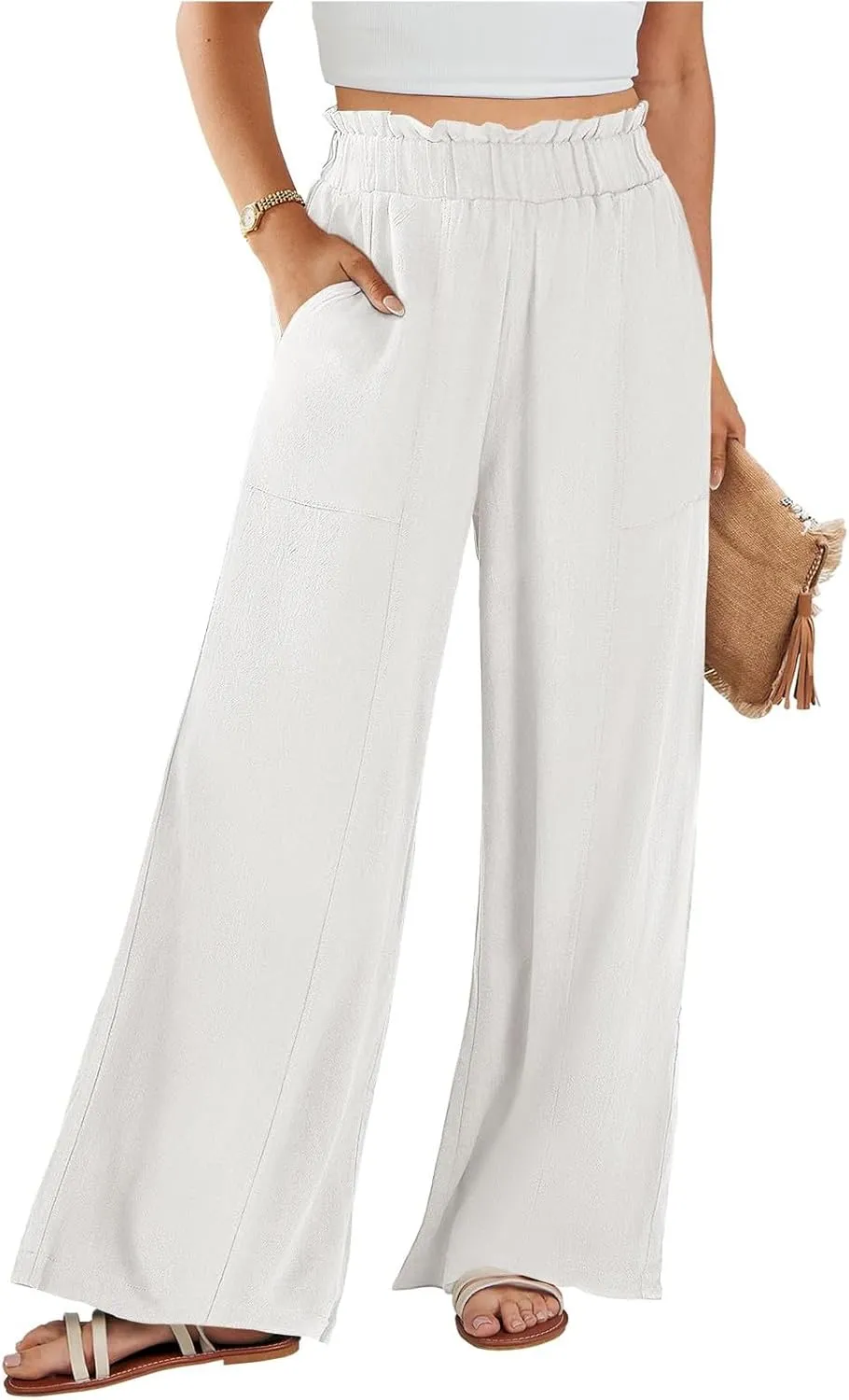 Wide Leg Linen Pants for Women Elastic High Waist Palazzo Pants Summer Casual Flowy Boho Beach Trousers with Pockets