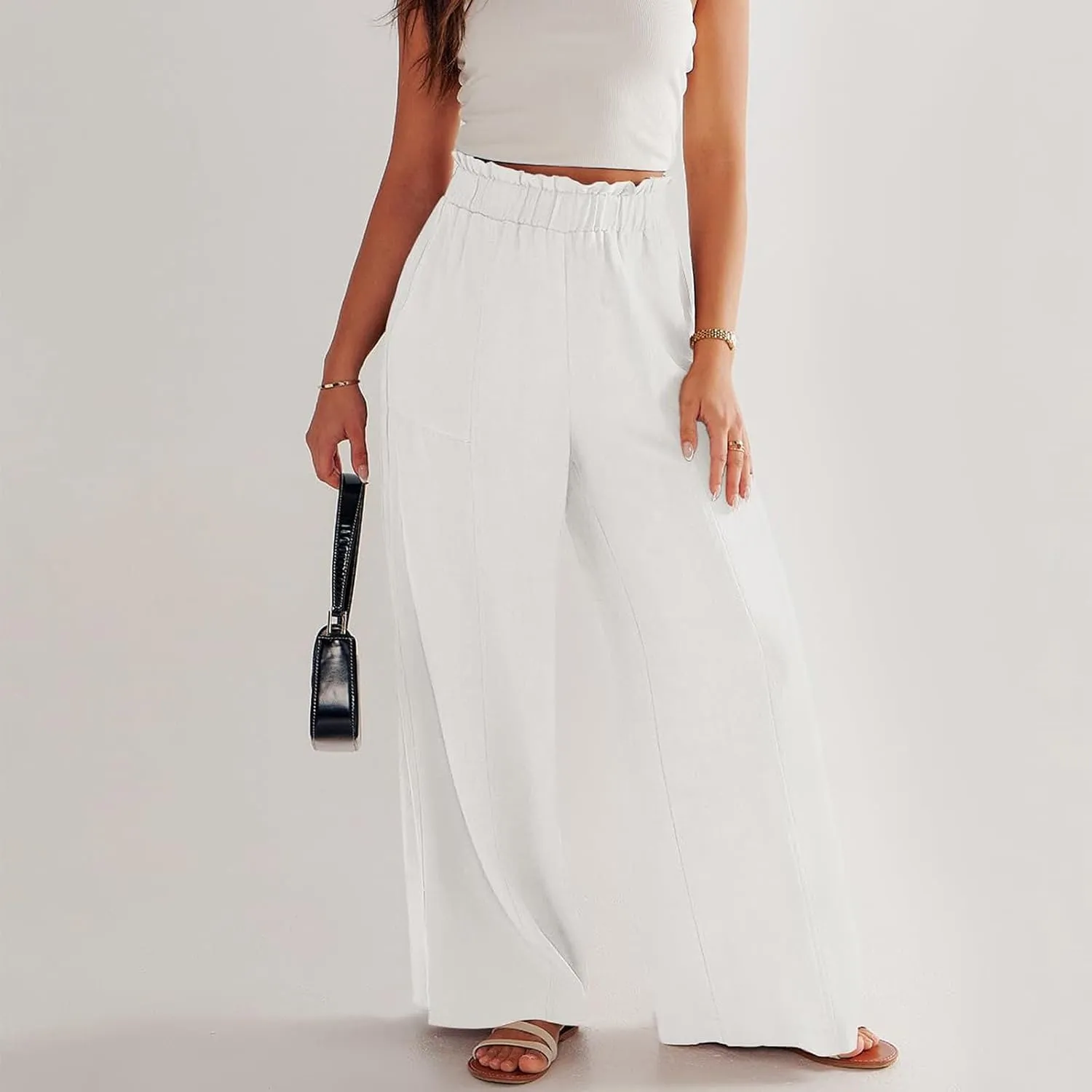 Wide Leg Linen Pants for Women Elastic High Waist Palazzo Pants Summer Casual Flowy Boho Beach Trousers with Pockets
