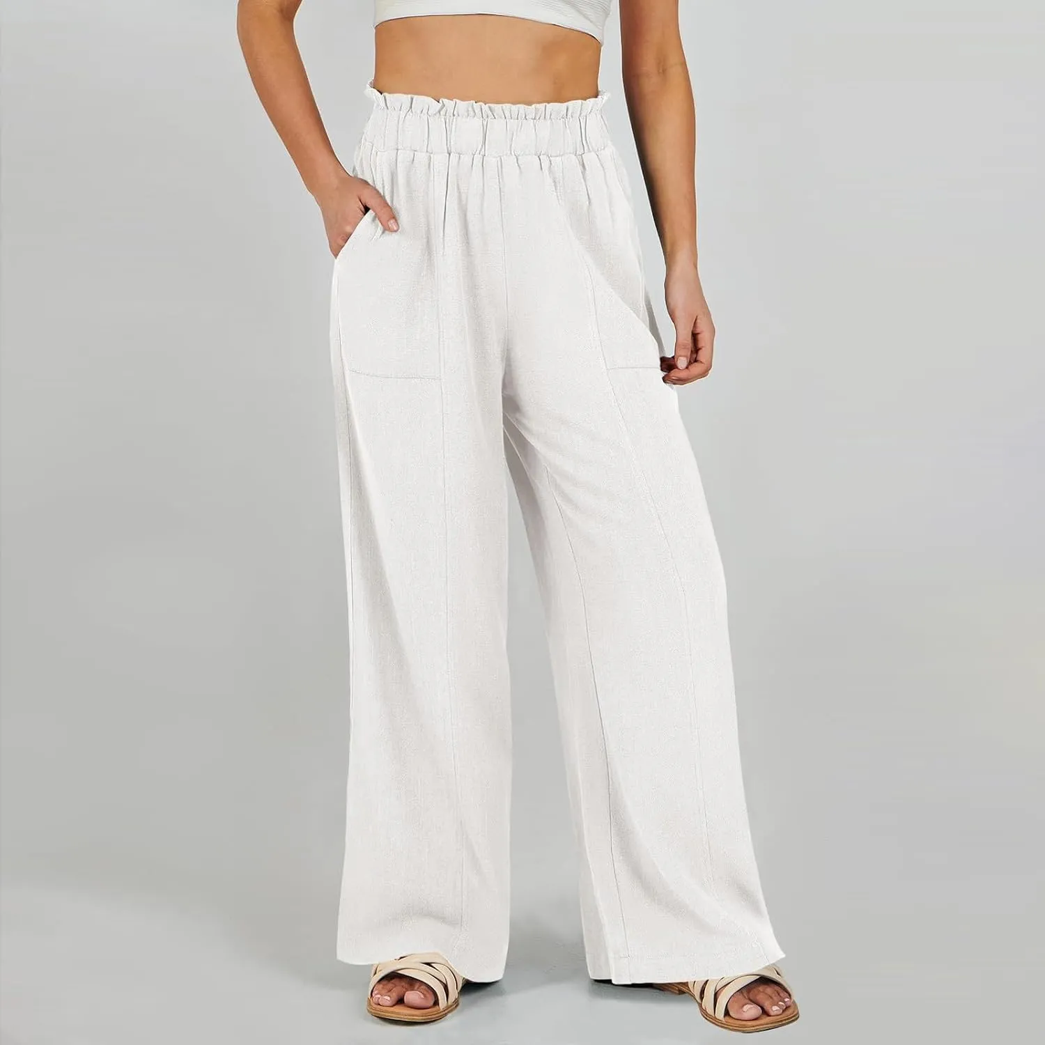 Wide Leg Linen Pants for Women Elastic High Waist Palazzo Pants Summer Casual Flowy Boho Beach Trousers with Pockets