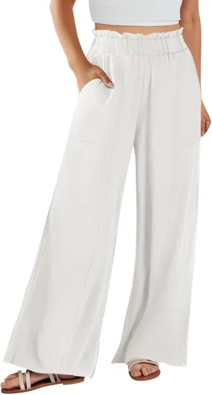 Wide Leg Linen Pants for Women Elastic High Waist Palazzo Pants Summer Casual Flowy Boho Beach Trousers with Pockets