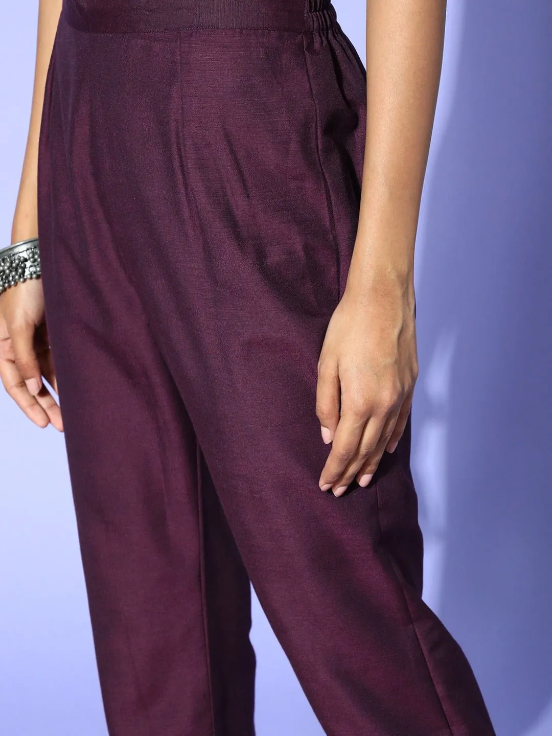 Wine Embroidered Pleated Kurta with Trouser