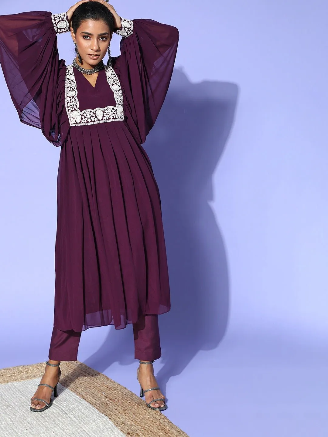 Wine Embroidered Pleated Kurta with Trouser