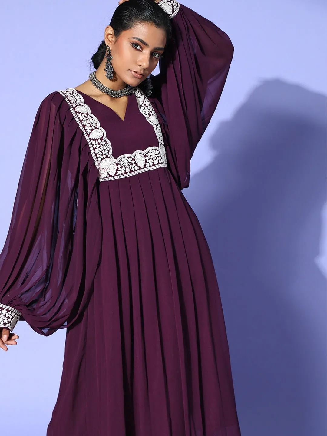 Wine Embroidered Pleated Kurta with Trouser