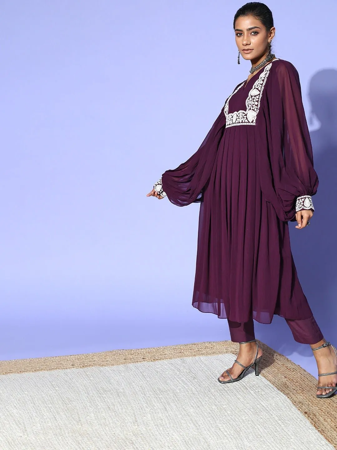 Wine Embroidered Pleated Kurta with Trouser