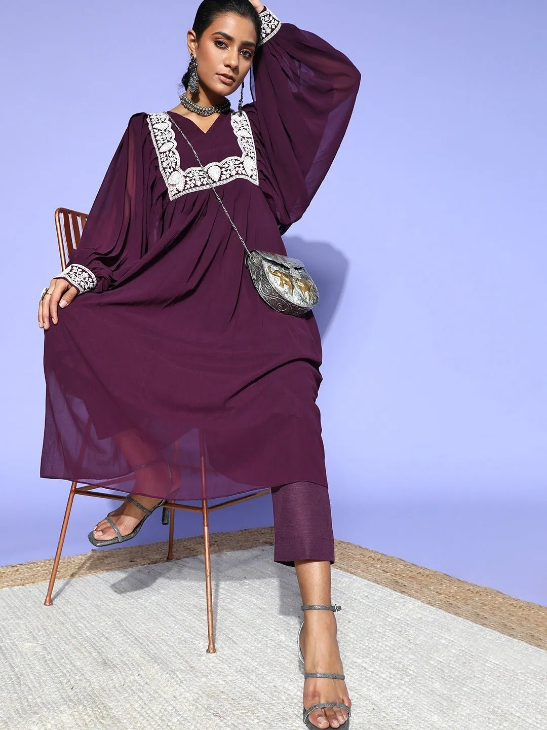 Wine Embroidered Pleated Kurta with Trouser