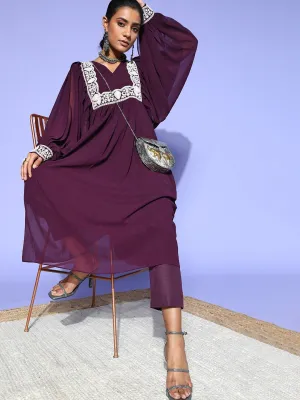 Wine Embroidered Pleated Kurta with Trouser