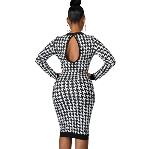Women's Long Sleeve Midi Dress Hollow Out Body-con Sexy Dress