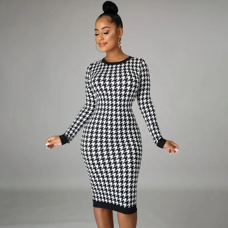 Women's Long Sleeve Midi Dress Hollow Out Body-con Sexy Dress