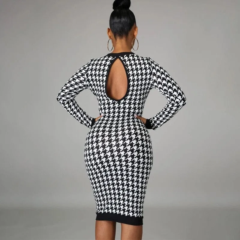 Women's Long Sleeve Midi Dress Hollow Out Body-con Sexy Dress