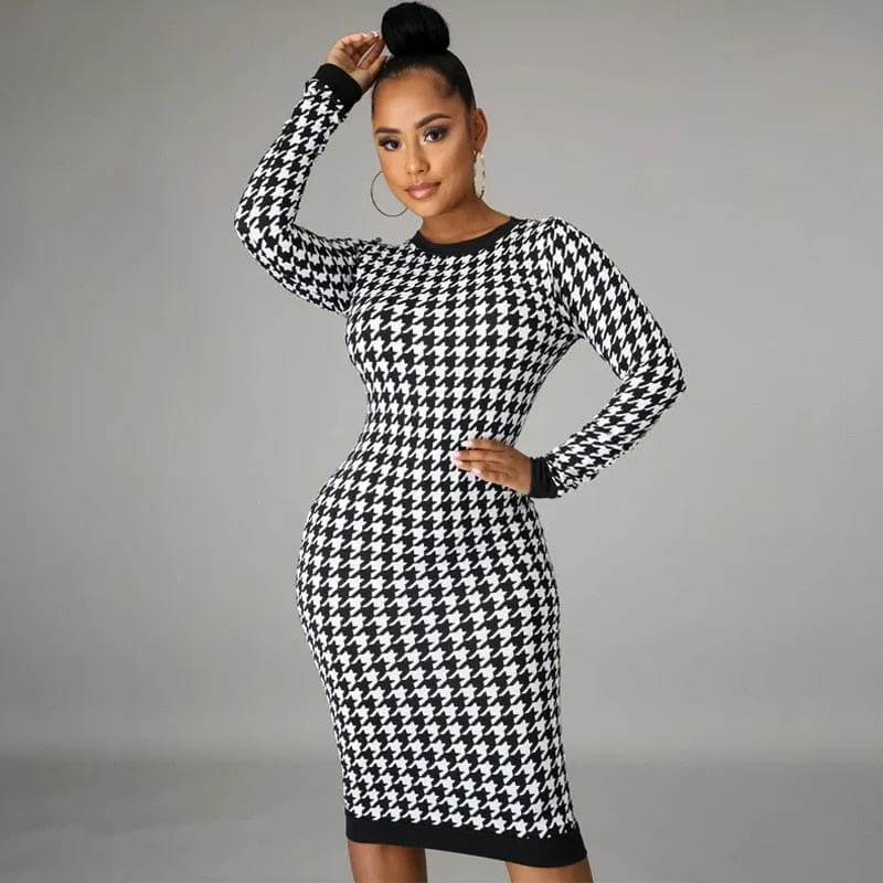 Women's Long Sleeve Midi Dress Hollow Out Body-con Sexy Dress