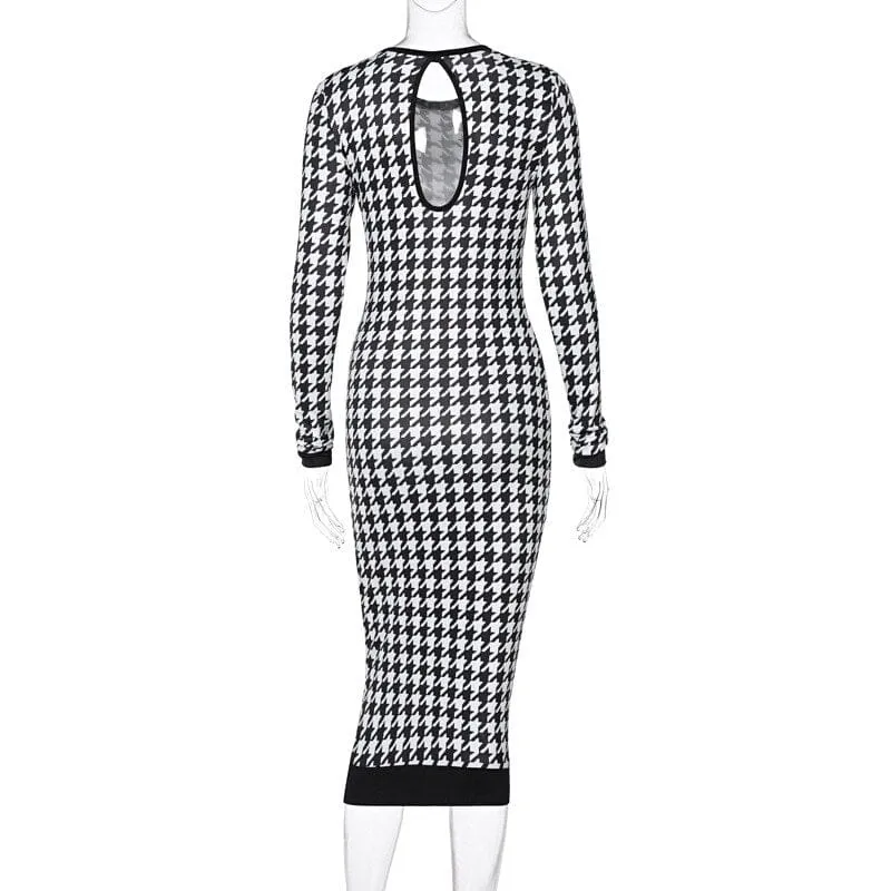 Women's Long Sleeve Midi Dress Hollow Out Body-con Sexy Dress