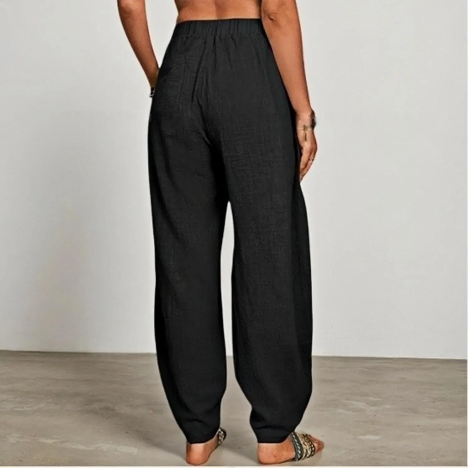 Womens Plus Size Linen Pants 2025 Casual Loose High Waisted Pants Beach Pants Summer Lounge Comfy Trousers with Pockets