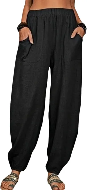 Womens Plus Size Linen Pants 2025 Casual Loose High Waisted Pants Beach Pants Summer Lounge Comfy Trousers with Pockets