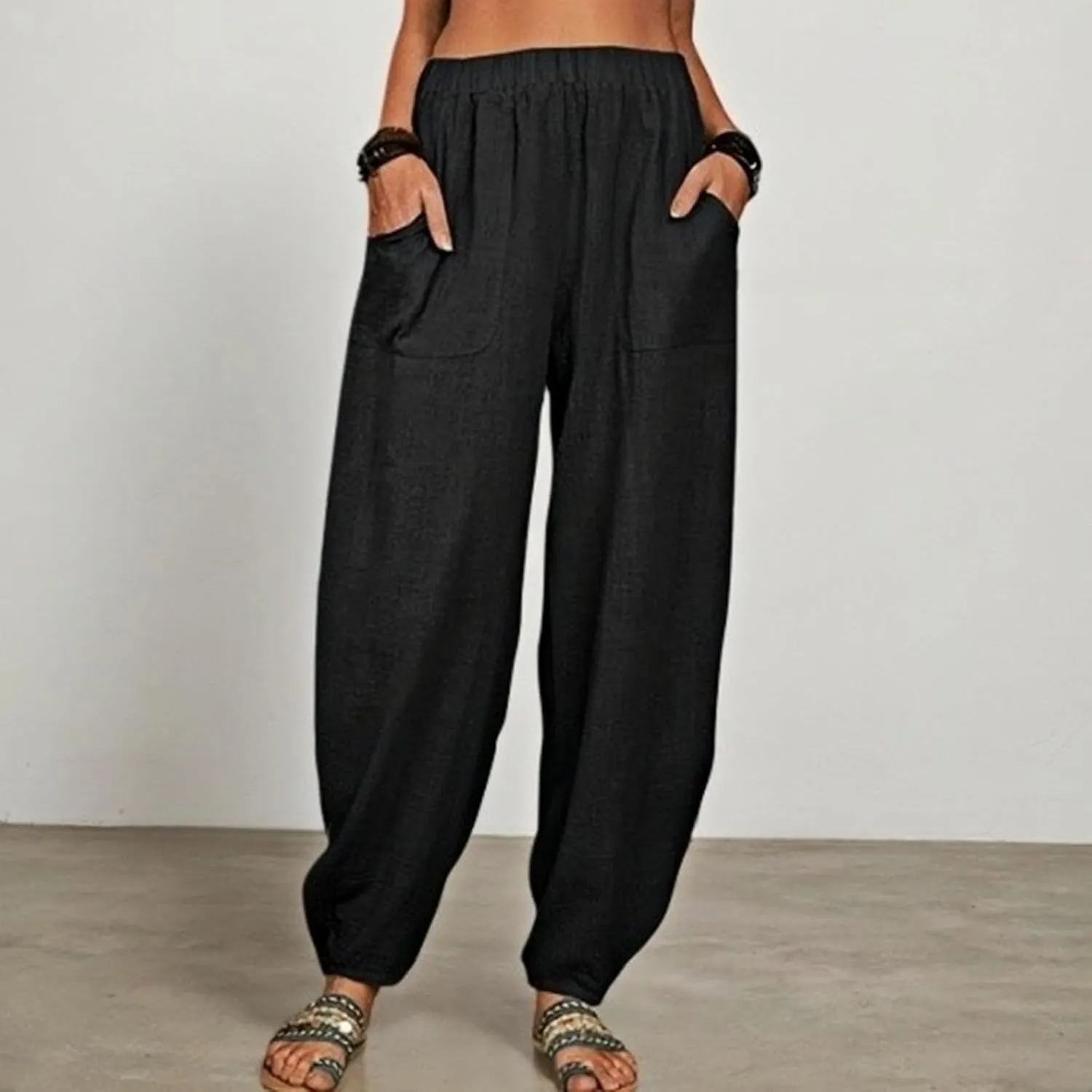 Womens Plus Size Linen Pants 2025 Casual Loose High Waisted Pants Beach Pants Summer Lounge Comfy Trousers with Pockets