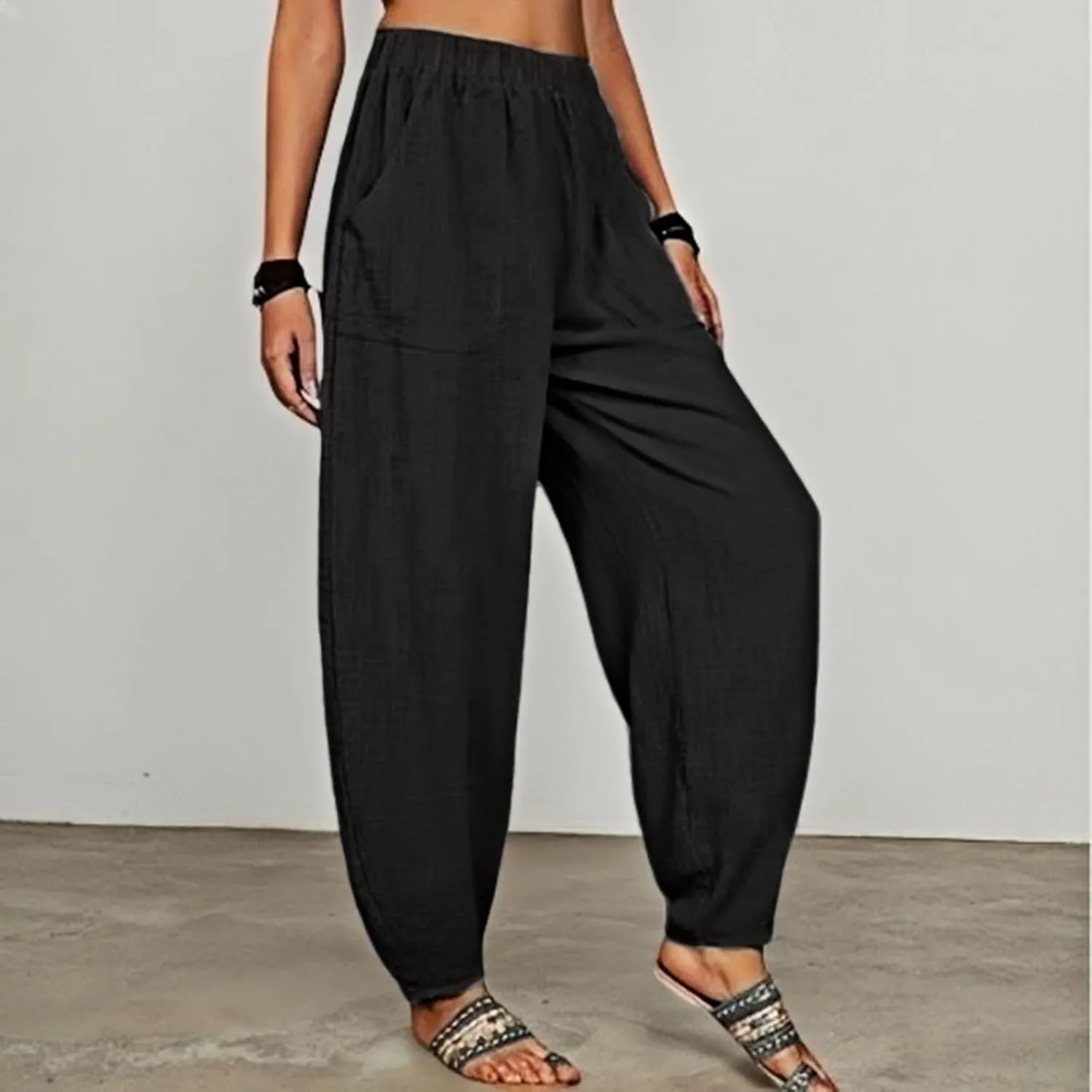 Womens Plus Size Linen Pants 2025 Casual Loose High Waisted Pants Beach Pants Summer Lounge Comfy Trousers with Pockets
