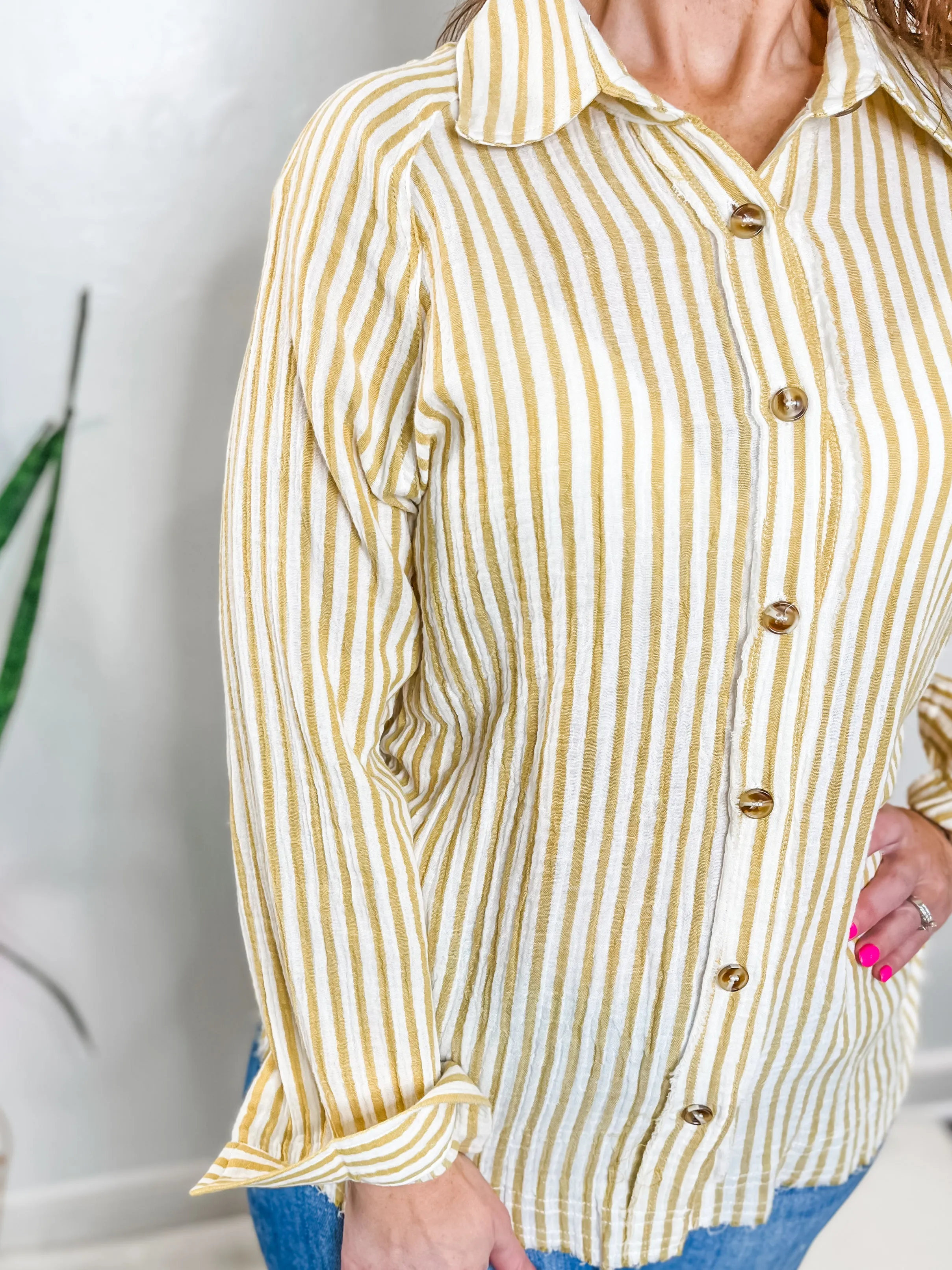 Yellow Stripe Raglan Button Up