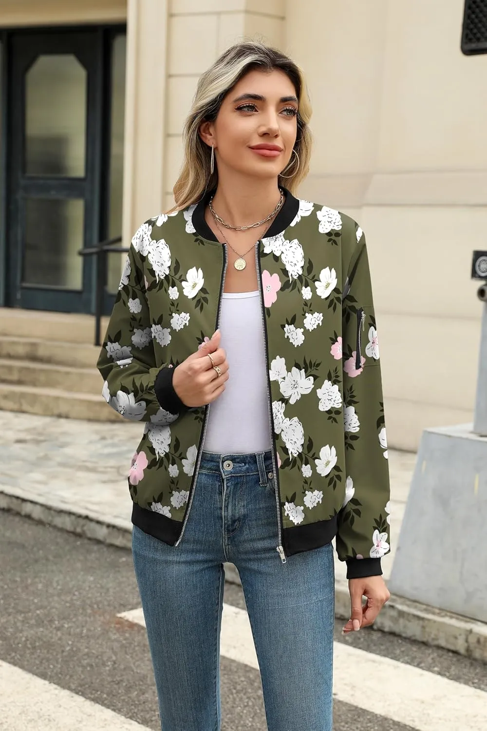 Zeagoo Women's Bomber Jacket Casual Coat Zip Up Outerwear Windbreaker with Pockets S-XXL